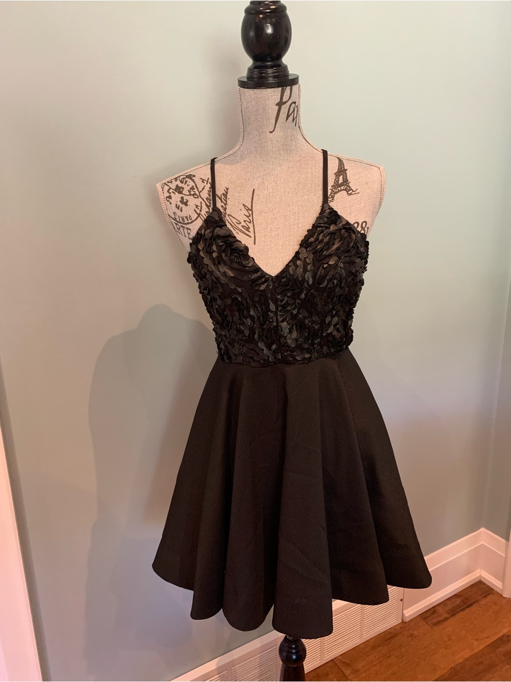 Black Beaded A-Line Dress with Spaghetti Straps